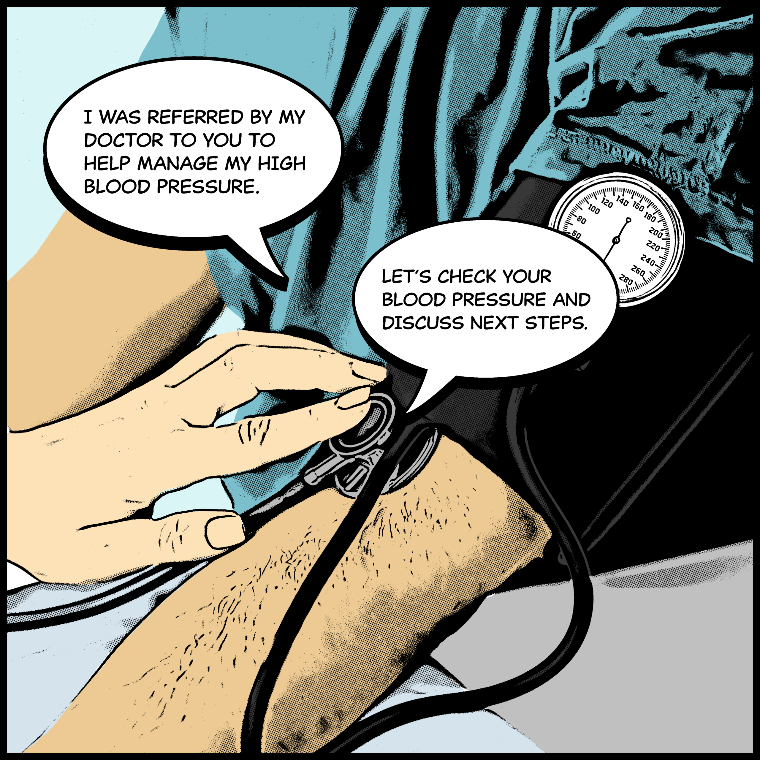 A person sits with a cuff on their arm while another person checks their blood pressure.