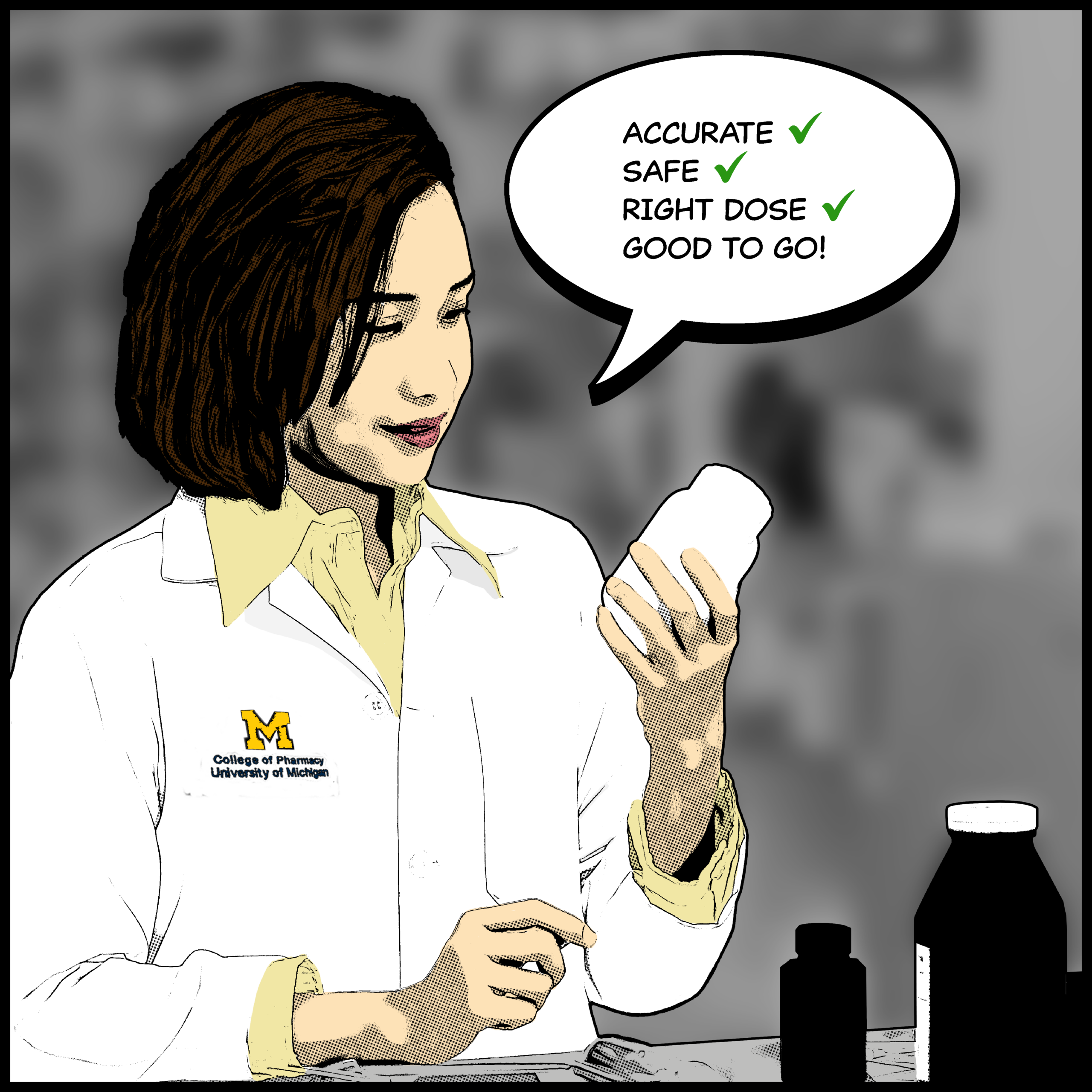A person in a lab coat with a University of Michigan logo examines a bottle.