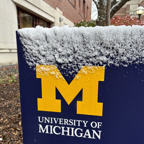 Snow on a University of Michigan sign