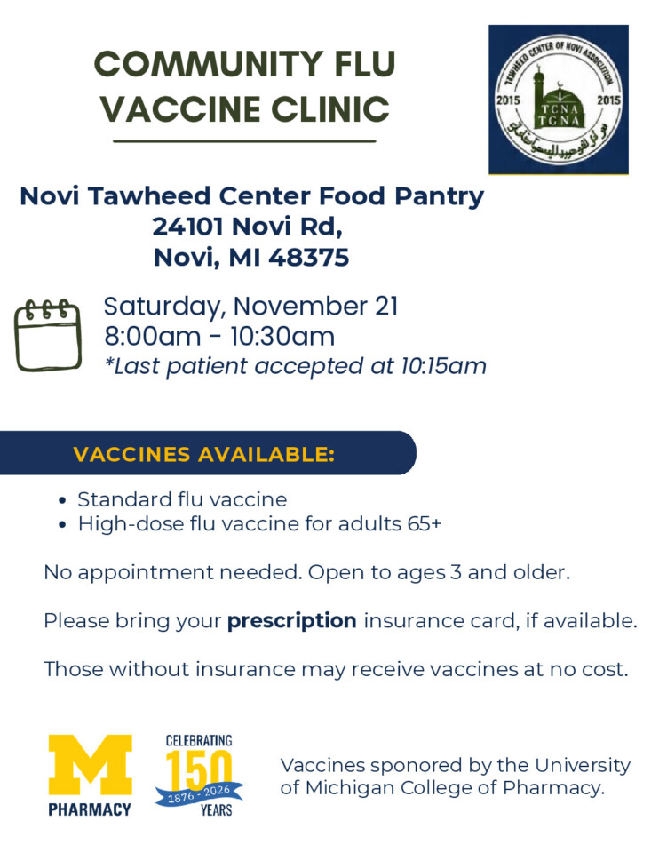 flyer for the U-M College of Pharmacy Sponsored Flu Vaccine Clinic with event details