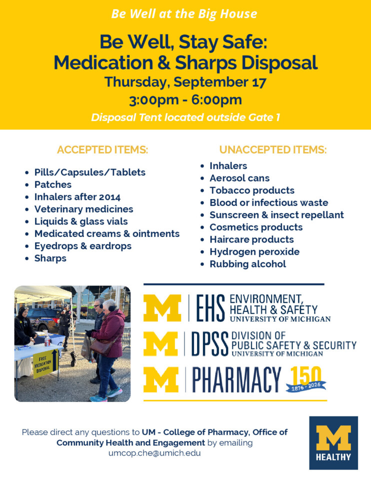 flyer for Be Well, Stay Safe: Medication & Sharps Disposal event with lists of accepted and unaccepted items