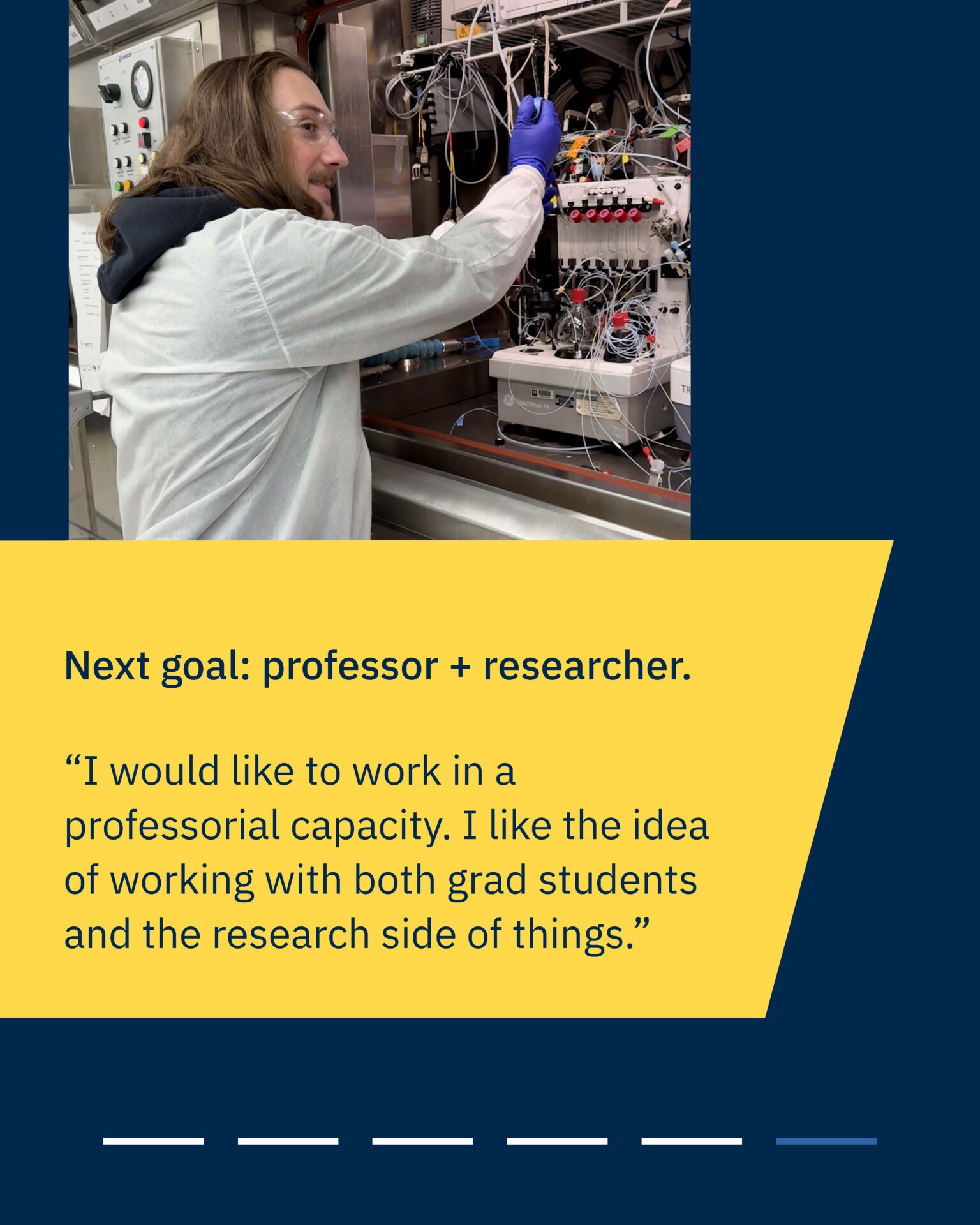Casey McCarthy's goal is to work in academia. Photo of him working in a lab coat.