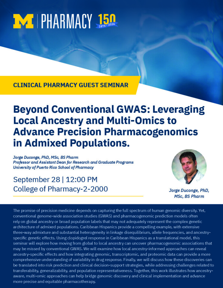 flyer for Clinical Pharmacy Guest Seminar - Jorge Duconge, PhD, MSc, BS Pharm with event details