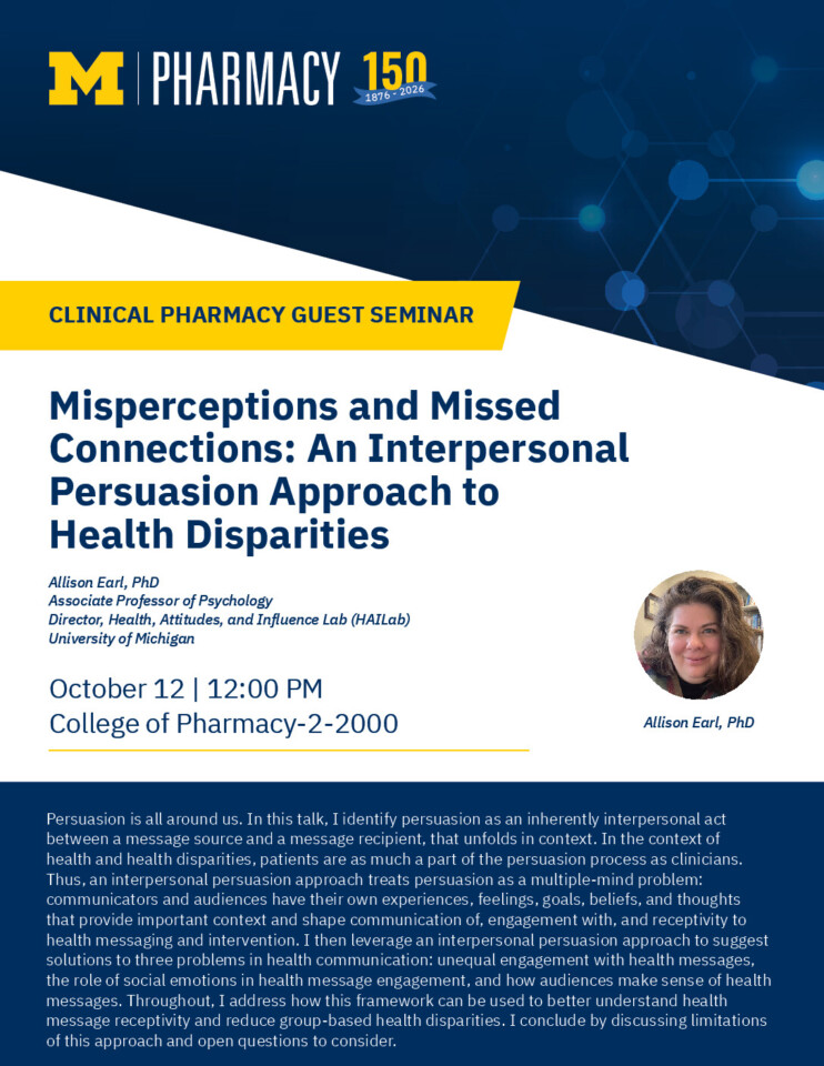 flyer for Clinical Pharmacy Guest Seminar - Allison Earl, PhD with event details