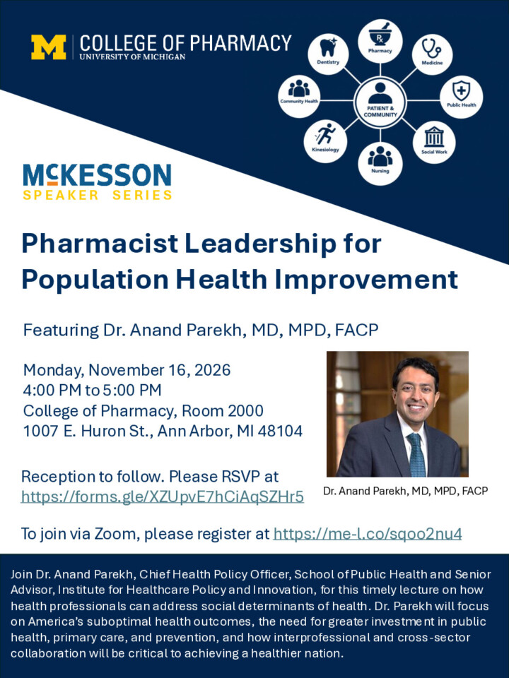 flyer for McKesson Foundation Health Equity Speaker Series: Pharmacist Leadership for Population Health Improvement with event details