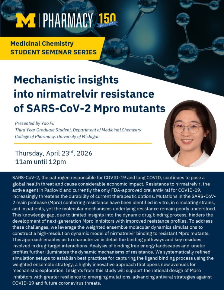 event flyer for U-M College of Pharmacy Medicinal Chemistry Graduate Student Seminar Series: Yao Fu