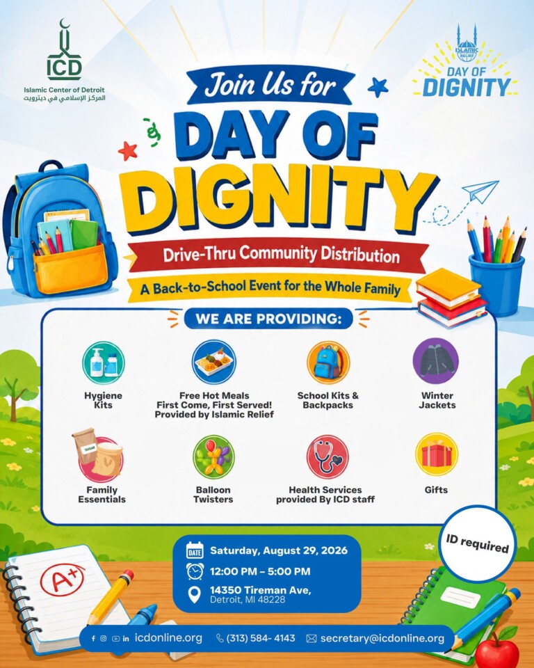 flyer for ICD and Islamic Relief for Day of Dignity event with details on what is provided for the drive-thru community distribution