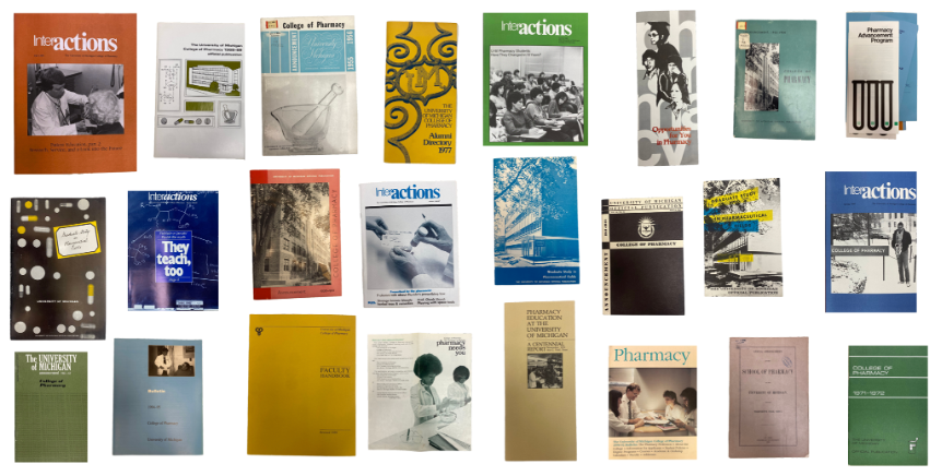 A collection of various college publications and brochures arranged in rows.