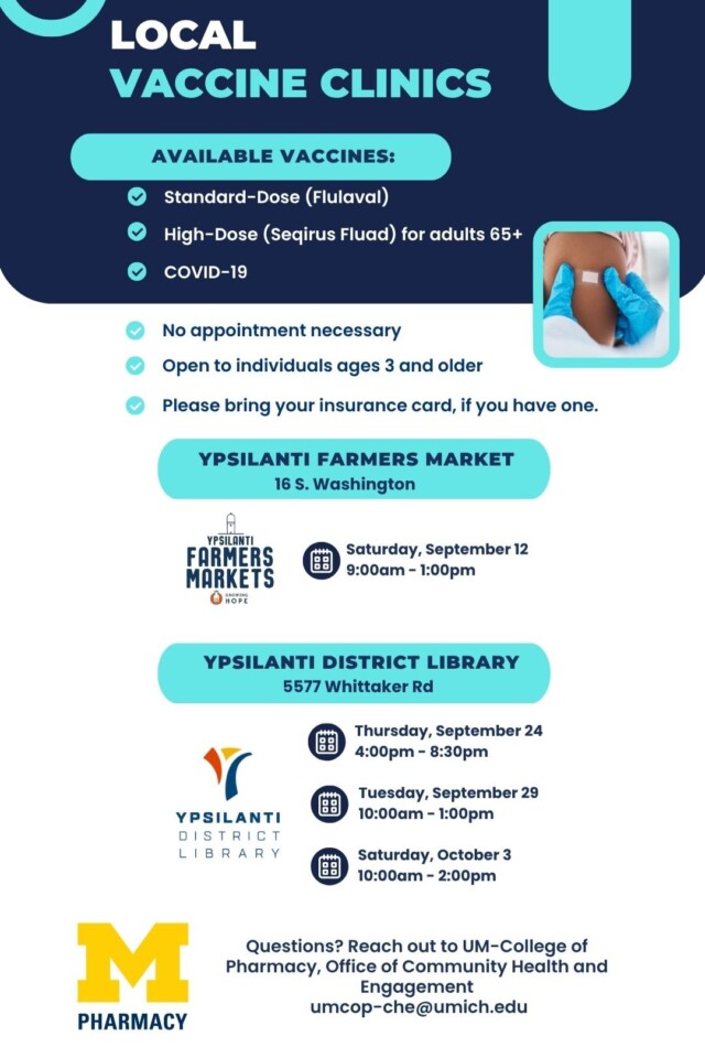 flyer for Pharmacy at the Ypsilanti District Library Flu & COVID Vaccine Clinic with event details