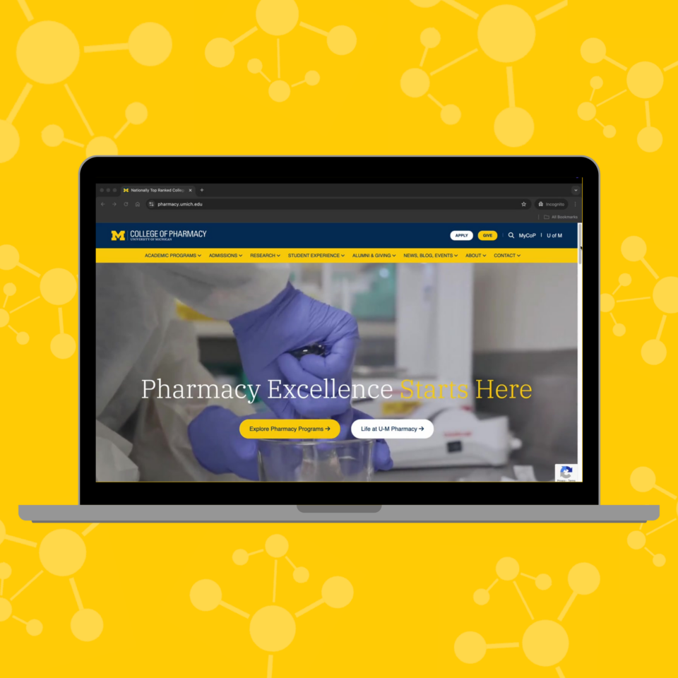 Photo of college of pharmacy's new website on a computer