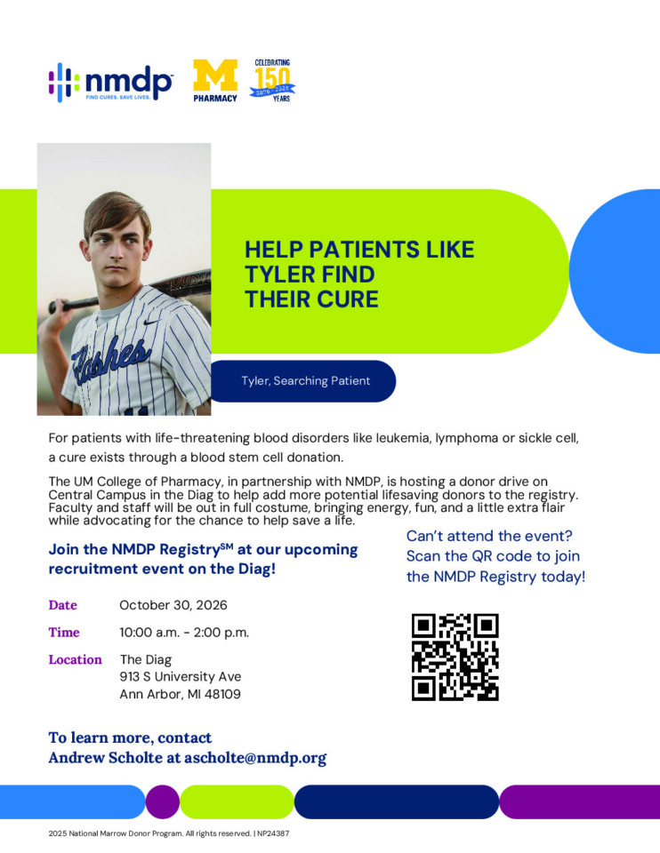 flyer for UM College of Pharmacy x NMDP Donor Drive with event details