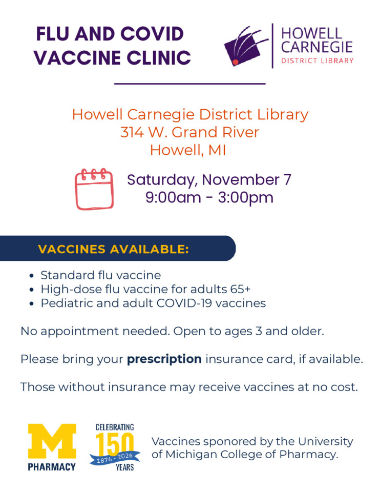 flyer for U-M College of Pharmacy Sponsored Flu & COVID Vaccine Clinic with event details