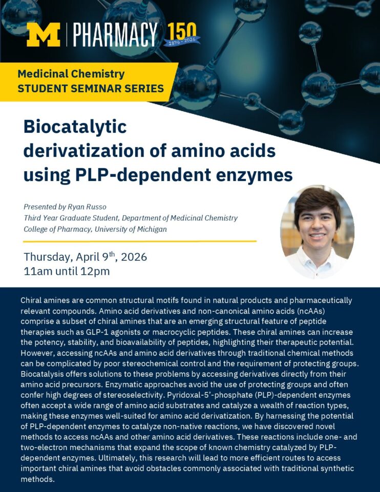event flyer for U-M College of Pharmacy Medicinal Chemistry Graduate Student Seminar Series: Ryan Russo