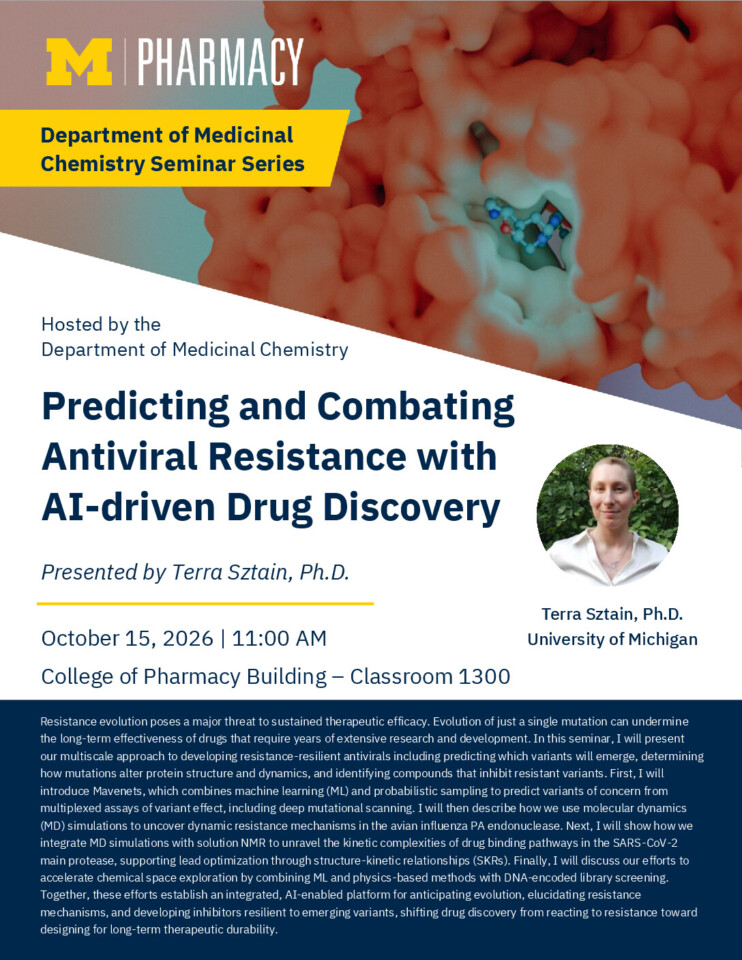 flyer for Department of Medicinal Chemistry: Terra Sztain, Ph.D.  with event details
