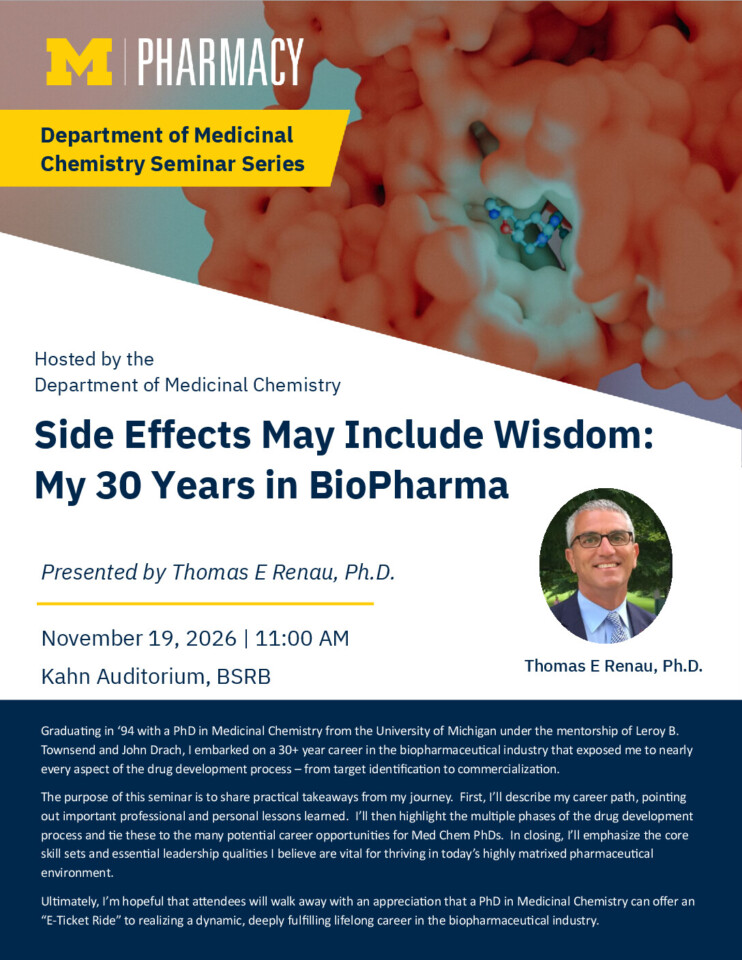 flyer for Department of Medicinal Chemistry: Thomas E. Renau, Ph.D. with event details