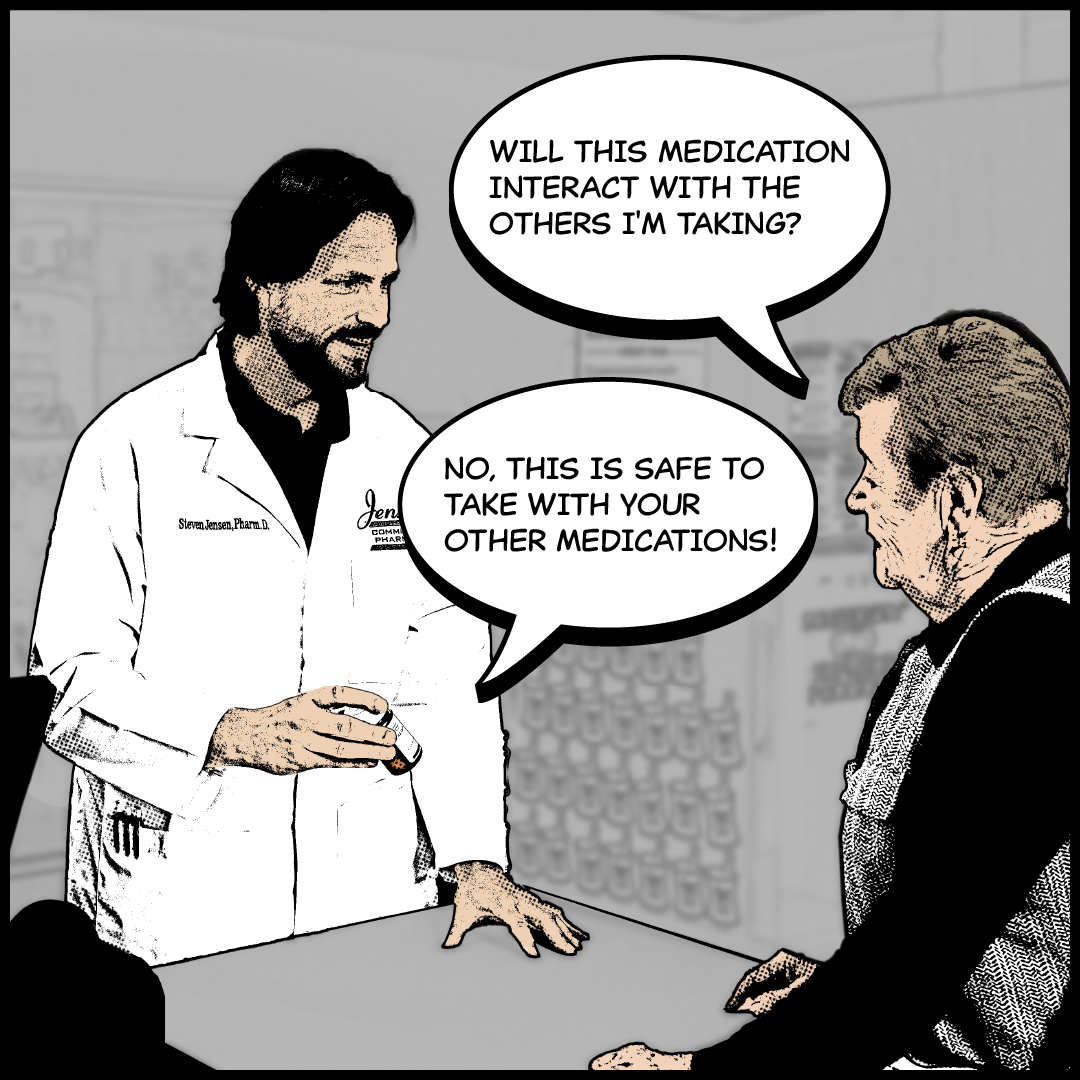 A pharmacist in a lab coat is speaking to a customer at a pharmacy counter. The pharmacist assures the customer that the medication is safe to take with their other medications. Speech bubbles convey the conversation between them.