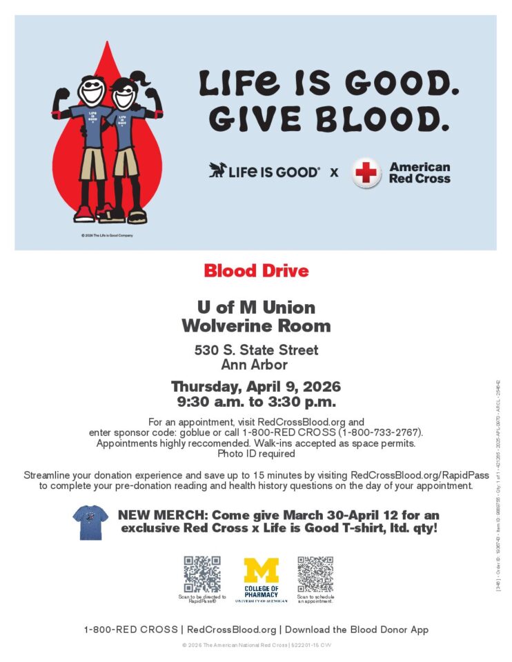 flyer for Blood Drive at the U of M College of Pharmacy with event details